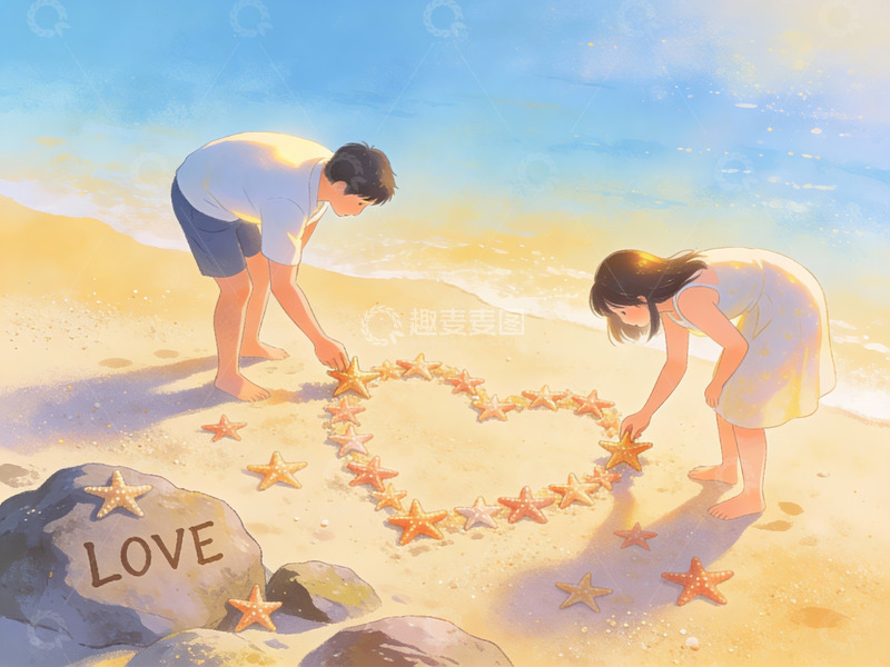 高清大图下载【趣麦麦图】情侣沙滩绘心形海星