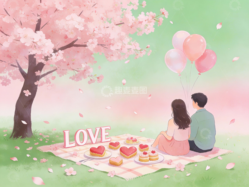高清大图下载【趣麦麦图】情侣樱花树下野餐