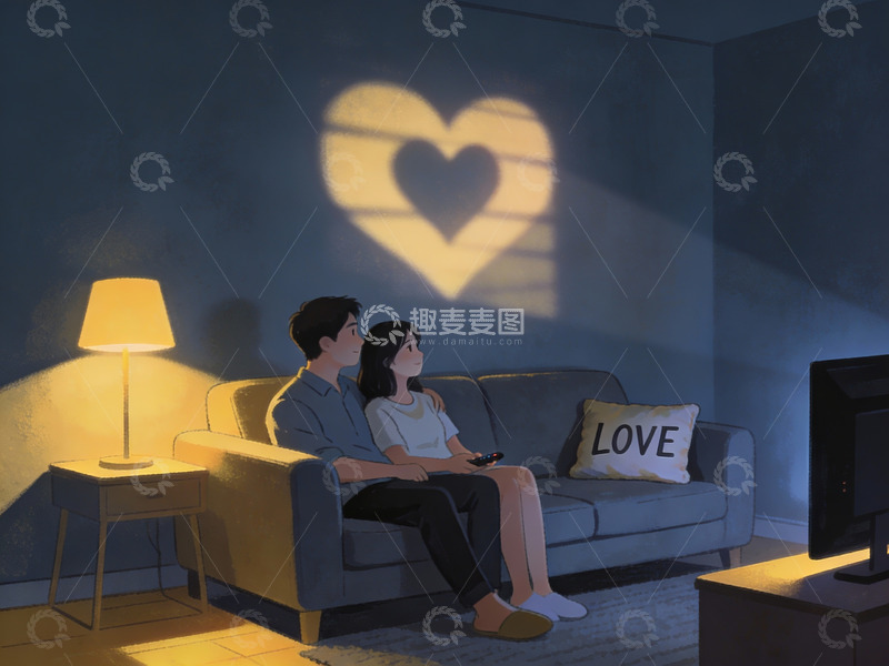 高清大图下载【趣麦麦图】情侣在客厅看电视