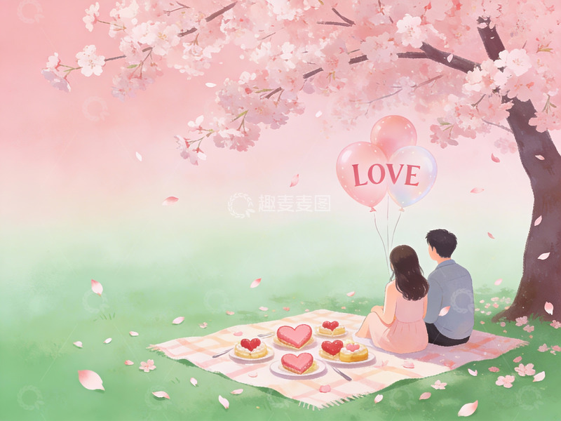 高清大图下载【趣麦麦图】樱花树下情侣野餐