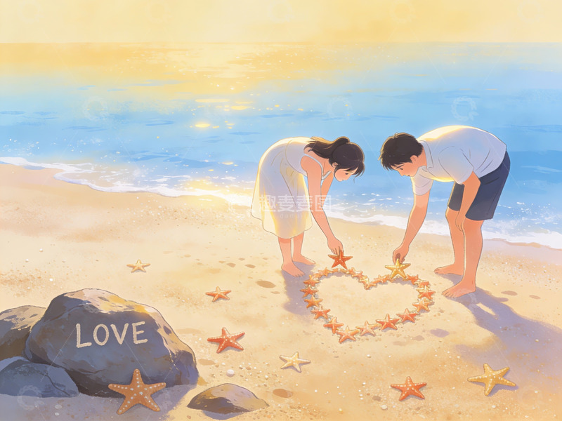 高清大图下载【趣麦麦图】沙滩上用海星拼心形的情侣