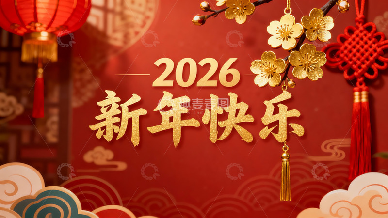 高清大图下载【趣麦麦图】2026新年快乐红色喜庆装饰