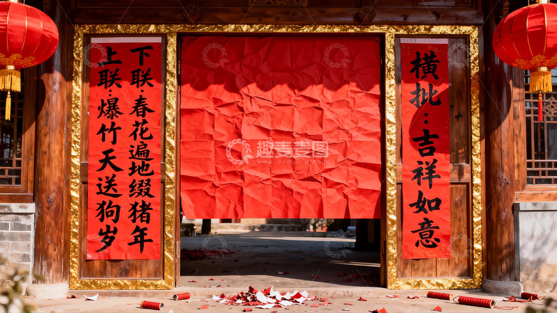 高清大图下载【趣麦麦图】春节门前挂红对联灯笼