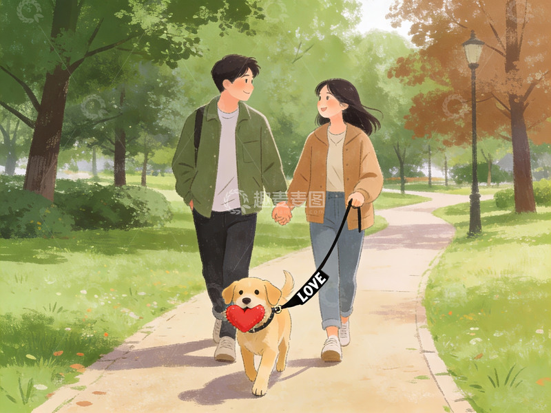 高清大图下载【趣麦麦图】情侣牵狗公园散步