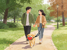 情侣牵狗公园散步