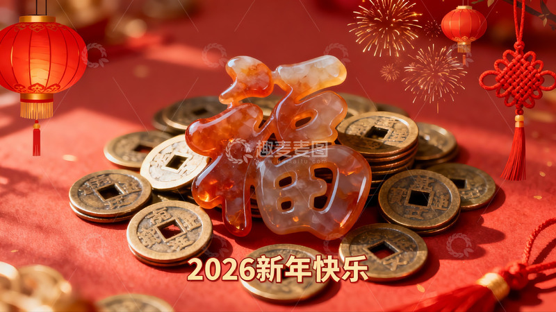 高清大图下载【趣麦麦图】新年福字铜钱灯笼烟花