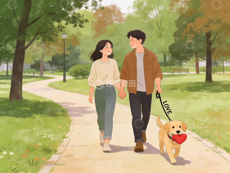 高清大图下载【趣麦麦图】情侣牵狗公园散步
