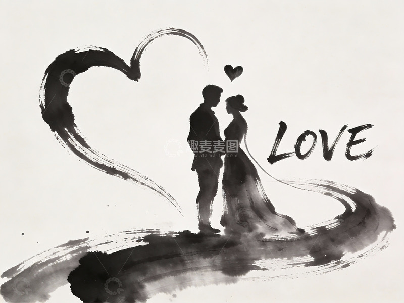 高清大图下载【趣麦麦图】水墨情侣剪影与爱心图案