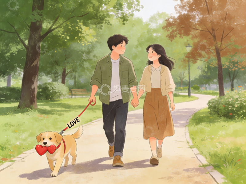 高清大图下载【趣麦麦图】情侣牵狗公园散步