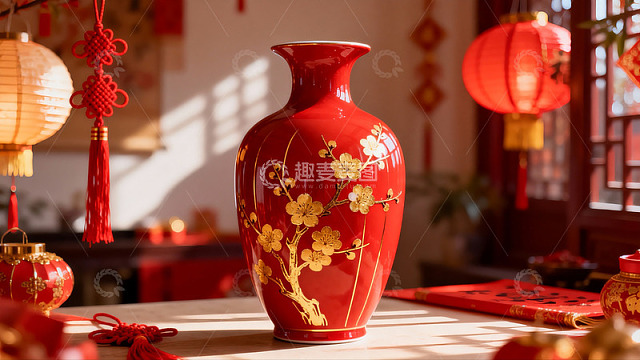 红色花瓶与中式灯笼装饰
