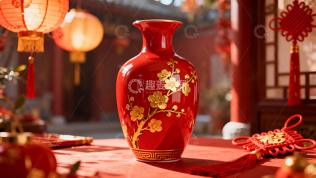 红色花瓶与中式灯笼装饰