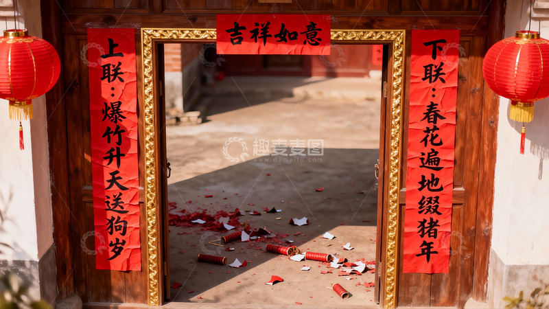 高清大图下载【趣麦麦图】传统节日门前对联红灯笼