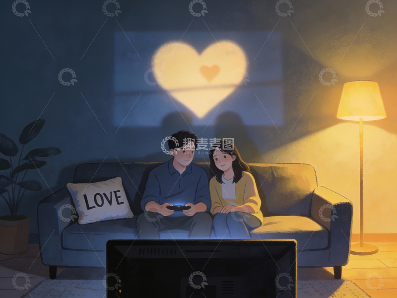 高清大图下载【趣麦麦图】情侣在客厅看电视