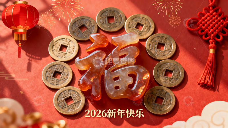 高清大图下载【趣麦麦图】新年福字铜钱灯笼装饰