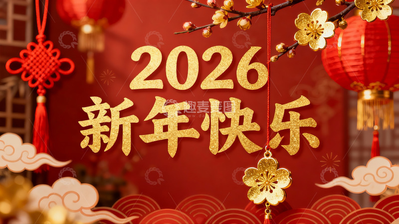 高清大图下载【趣麦麦图】2026新年快乐红色喜庆装饰