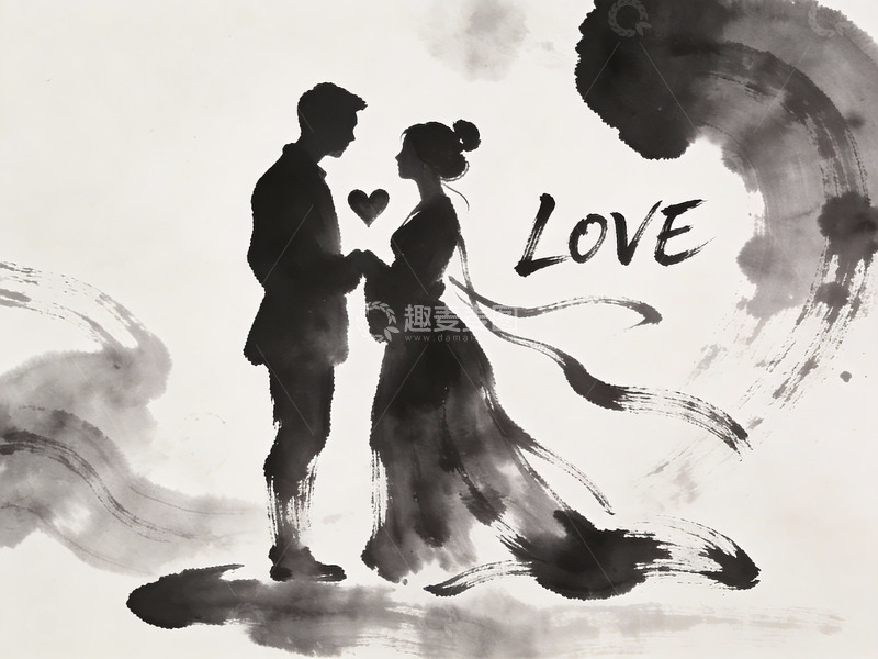 高清大图下载【趣麦麦图】水墨风格情侣剪影