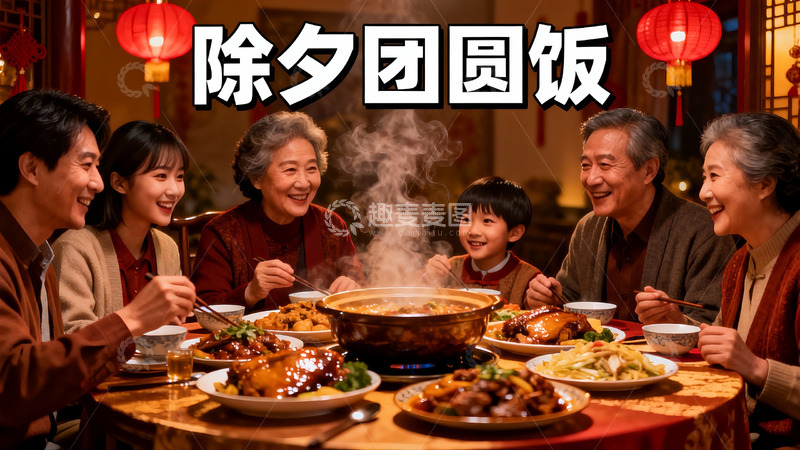 高清大图下载【趣麦麦图】除夕团圆饭家人欢聚一堂