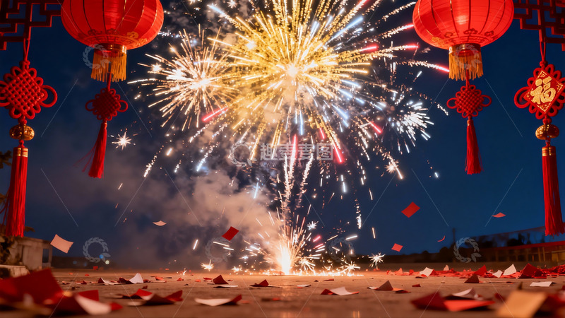 高清大图下载【趣麦麦图】夜空中绽放的烟花与红灯笼