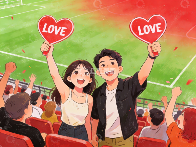 高清大图下载【趣麦麦图】情侣在体育场举爱心牌欢呼