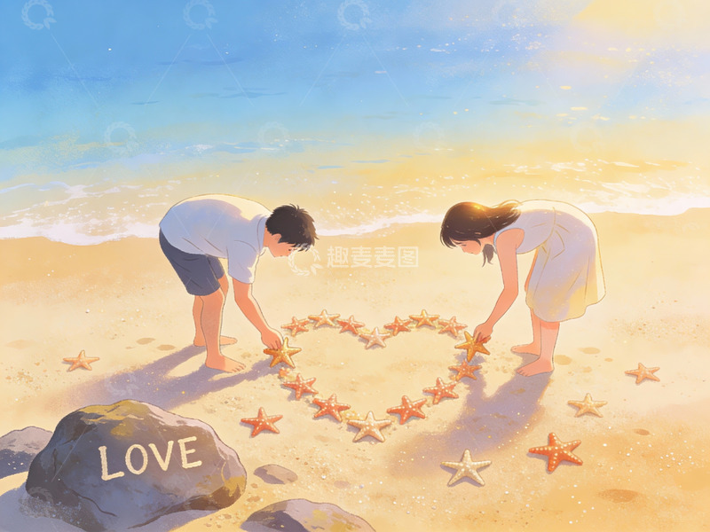 高清大图下载【趣麦麦图】沙滩上用海星拼心形的情侣