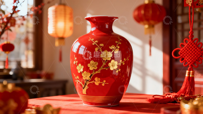 高清大图下载【趣麦麦图】红色花瓶装饰节日氛围
