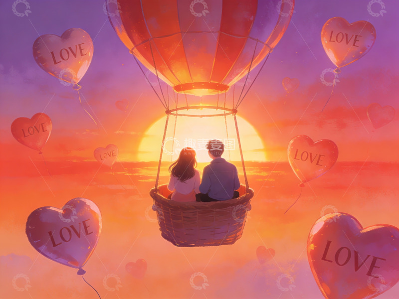 高清大图下载【趣麦麦图】热气球上的情侣日落场景