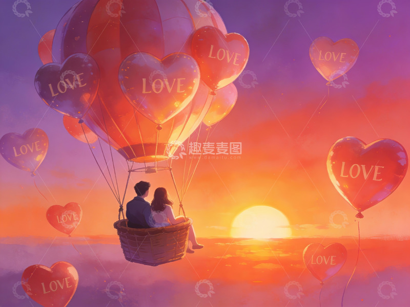 高清大图下载【趣麦麦图】情侣乘热气球共赏日落