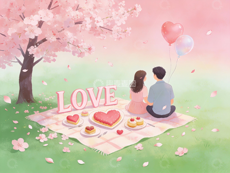 高清大图下载【趣麦麦图】樱花树下情侣野餐