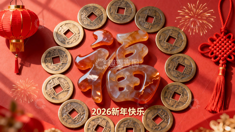 高清大图下载【趣麦麦图】新年福字与古币装饰