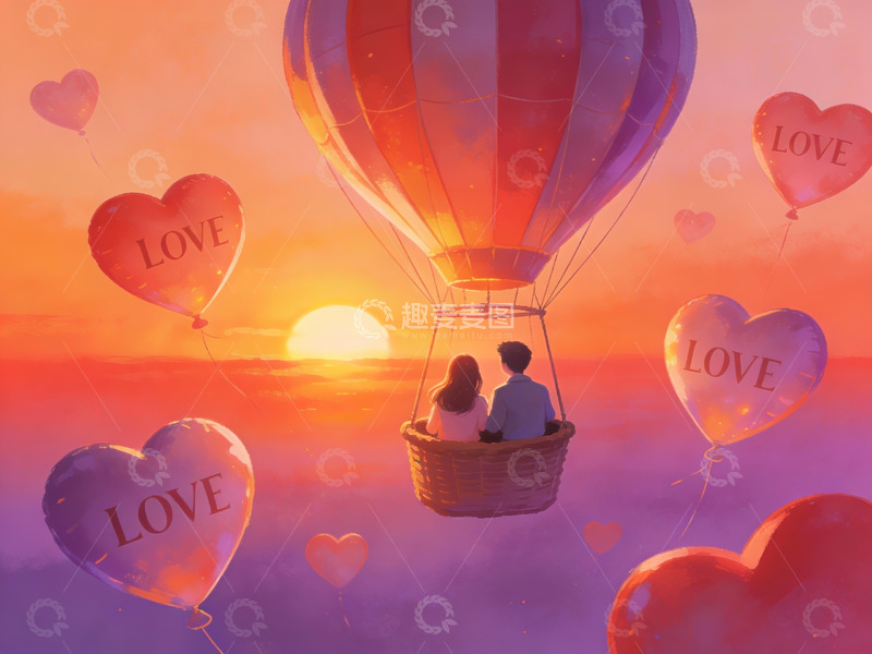 高清大图下载【趣麦麦图】热气球上的情侣与爱心气球