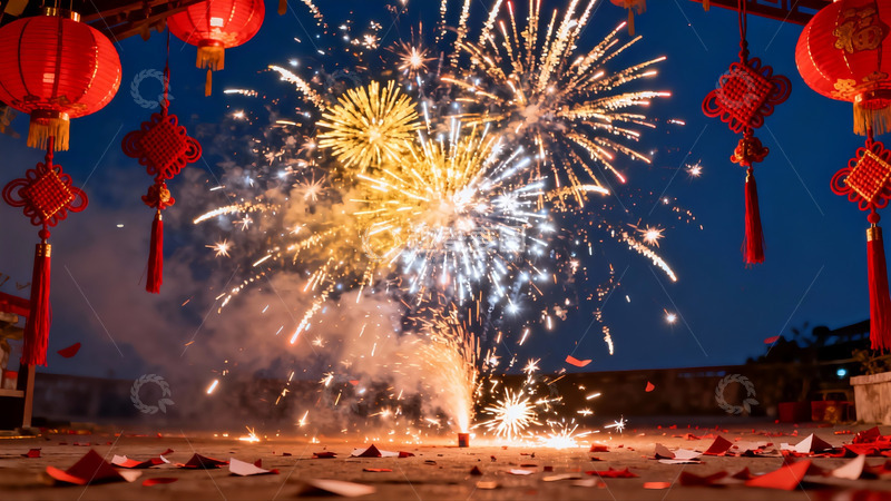 高清大图下载【趣麦麦图】夜空烟花绽放灯笼高挂