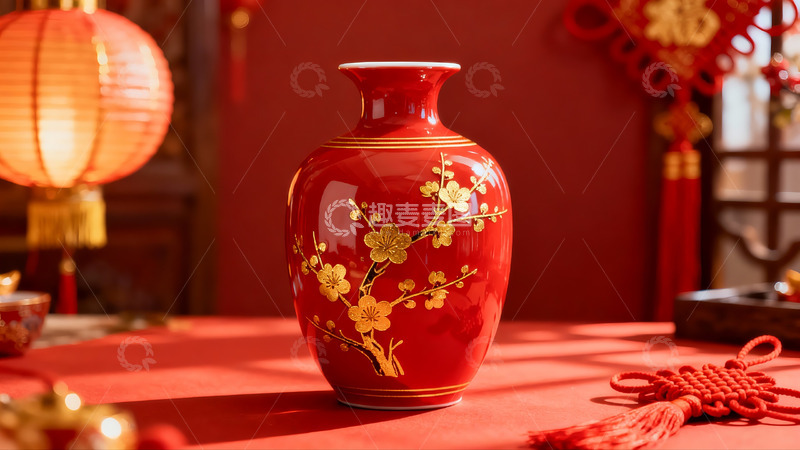 高清大图下载【趣麦麦图】红色花瓶配金色梅花装饰