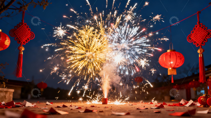 高清大图下载【趣麦麦图】夜空烟花绽放灯笼高挂