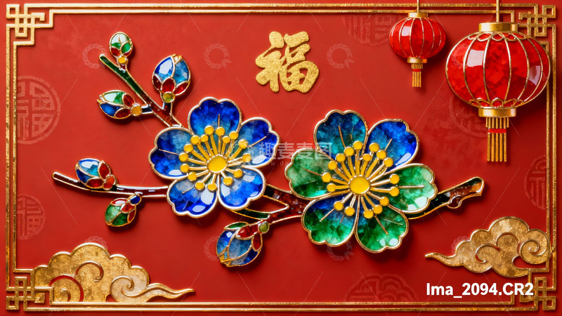 高清大图下载【趣麦麦图】红色背景上的金色福字与花灯