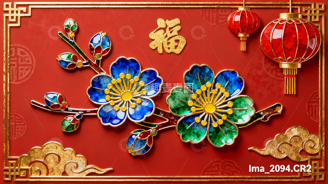 红色背景上的金色福字与花灯