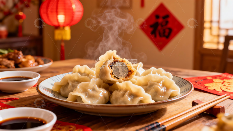 高清大图下载【趣麦麦图】热腾腾饺子藏硬币寓意新年