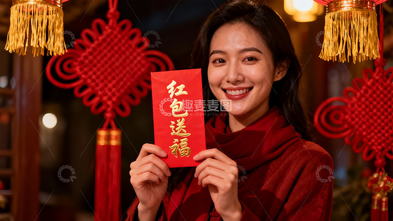 高清大图下载【趣麦麦图】女子手持红包喜庆迎新年