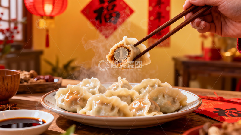 高清大图下载【趣麦麦图】筷子夹出藏币饺子寓意新年好运