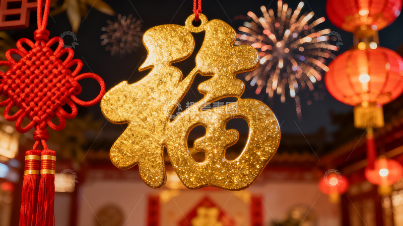 高清大图下载【趣麦麦图】春节夜景挂饰烟花绽放