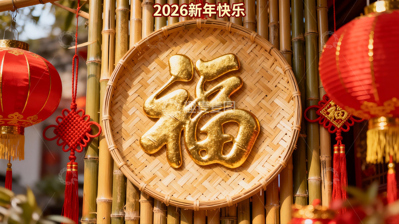 高清大图下载【趣麦麦图】新年装饰竹篮福字红灯笼