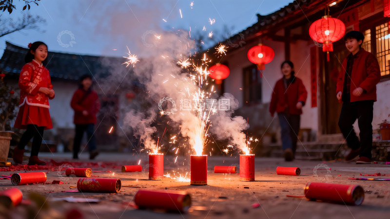 高清大图下载【趣麦麦图】庭院夜放烟花孩童欢庆