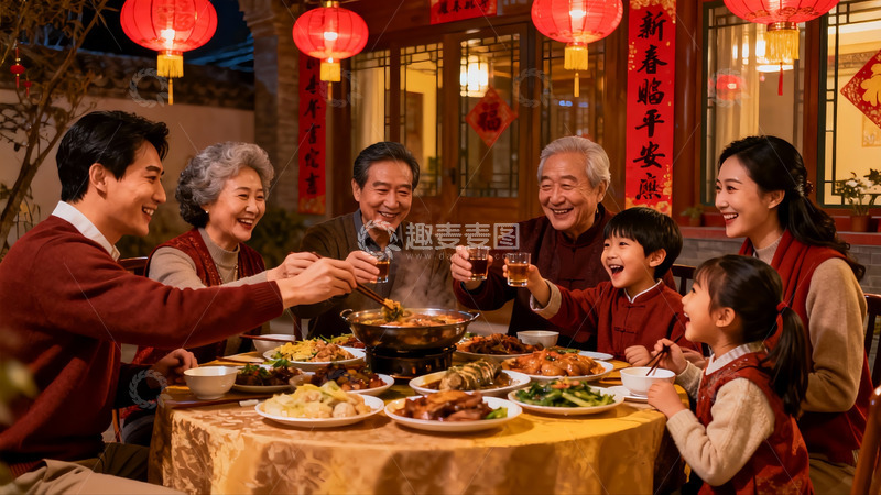 高清大图下载【趣麦麦图】春节团圆饭家人欢聚一堂