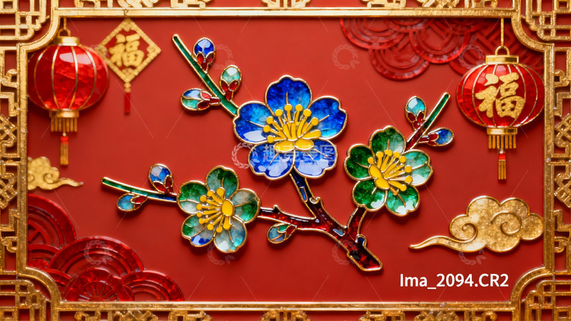 高清大图下载【趣麦麦图】红色背景上的金色花灯装饰画