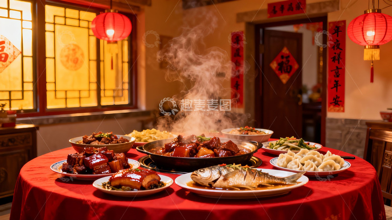 高清大图下载【趣麦麦图】年夜饭餐桌热气腾腾