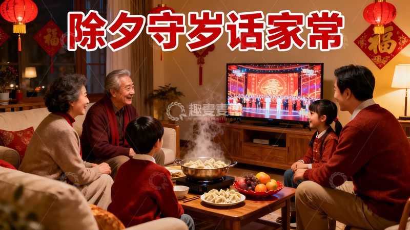 高清大图下载【趣麦麦图】除夕夜家人围坐看电视吃饺子