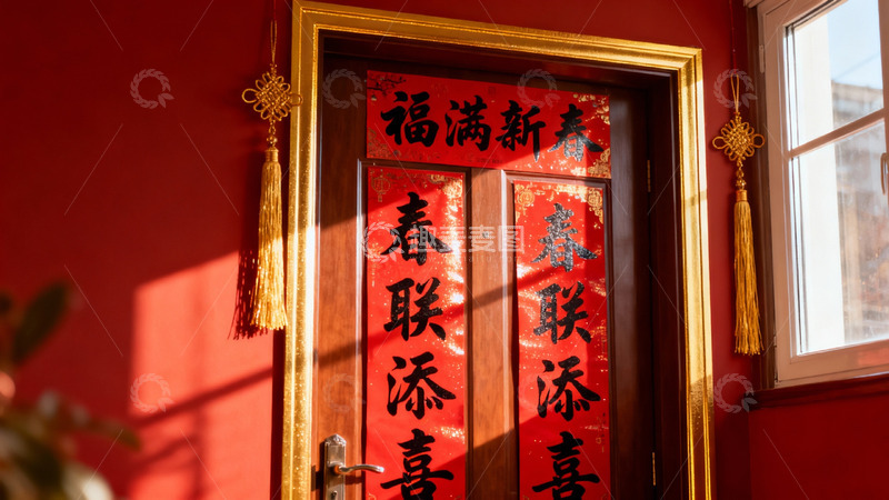 高清大图下载【趣麦麦图】春节红色对联门装饰