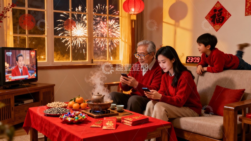高清大图下载【趣麦麦图】除夕夜家人团聚看烟花