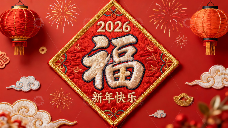 高清大图下载【趣麦麦图】新年福字刺绣挂饰红色背景