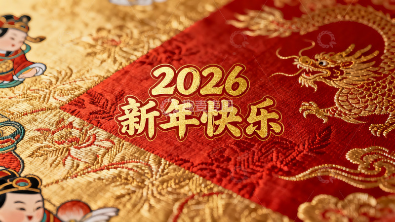 高清大图下载【趣麦麦图】2026新年快乐红色龙纹布料