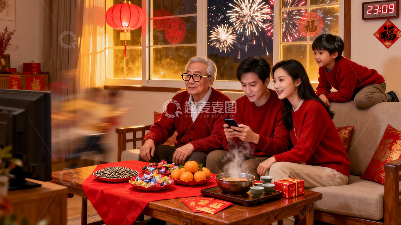 高清大图下载【趣麦麦图】春节家庭团聚看烟花
